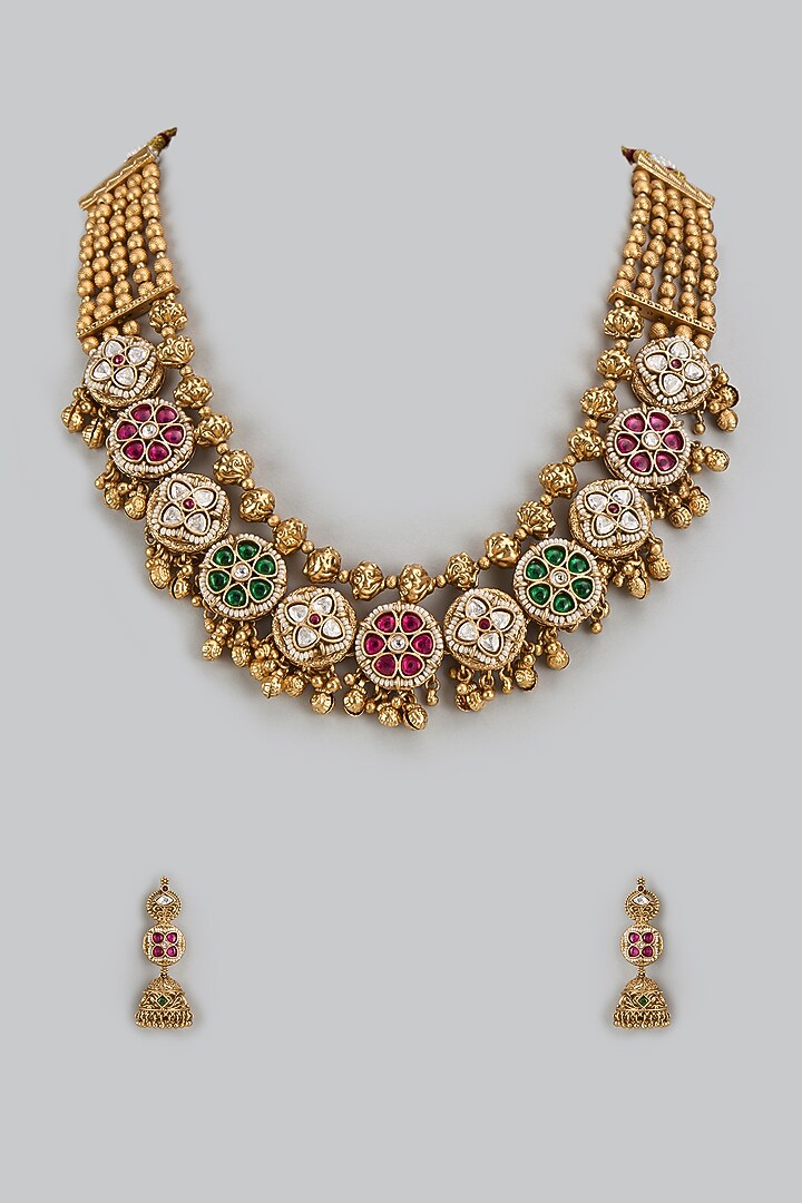 Gold Finish Kundan Polki & Multi-Colored Stone Temple Long Necklace Set by VASTRAA Jewellery at Pernia's Pop Up Shop