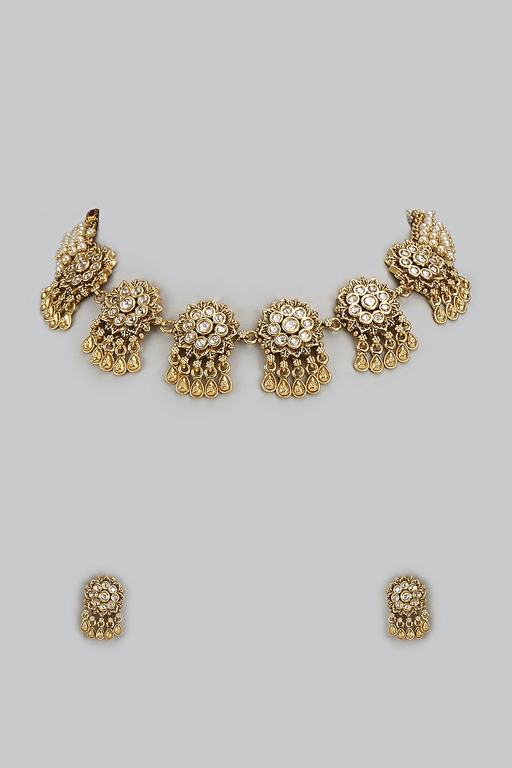 Gold Finish Kundan Polki Temple Necklace Set by VASTRAA Jewellery at Pernia's Pop Up Shop