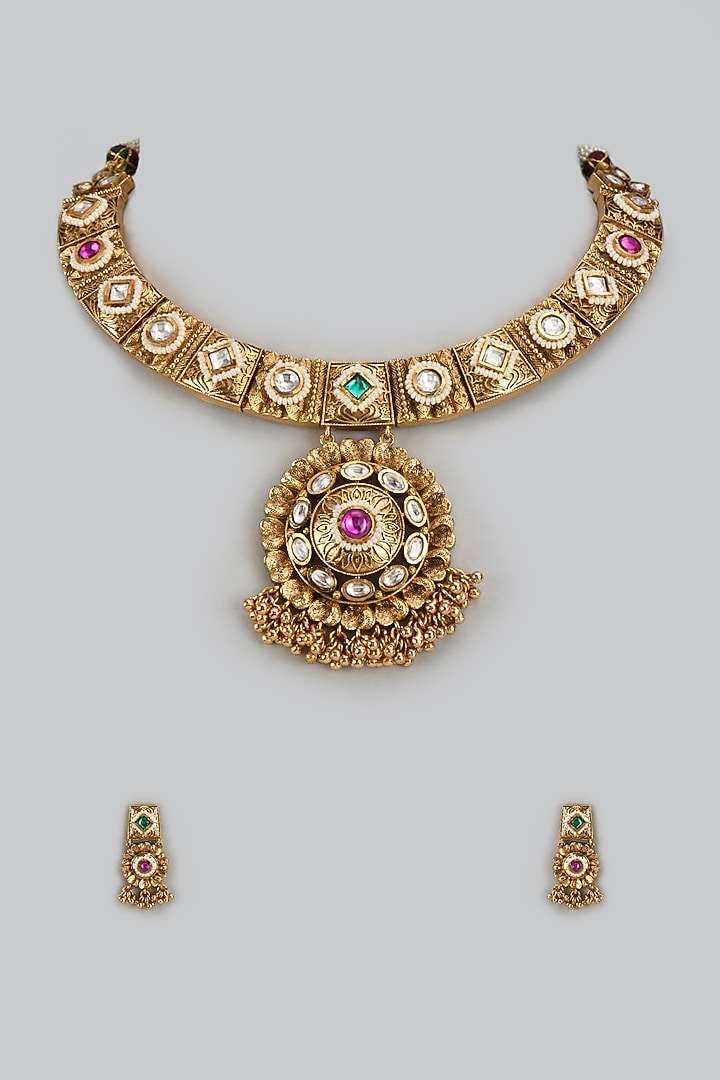 Gold Finish Kundan Polki & Multi-Colored Stone Temple Necklace Set by VASTRAA Jewellery at Pernia's Pop Up Shop