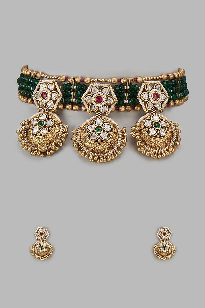 Gold Finish Kundan Polki & Green Stone Temple Choker Necklace Set by VASTRAA Jewellery at Pernia's Pop Up Shop