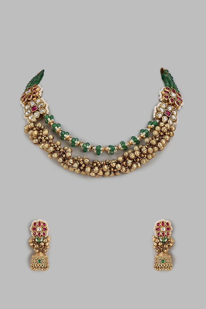 Gold Finish Kundan Polki & Multi-Colored Stone Temple Layered Necklace Set by VASTRAA Jewellery at Pernia's Pop Up Shop