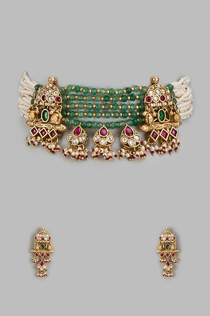 Gold Finish Kundan Polki & Green Stone Temple Choker Necklace Set by VASTRAA Jewellery at Pernia's Pop Up Shop