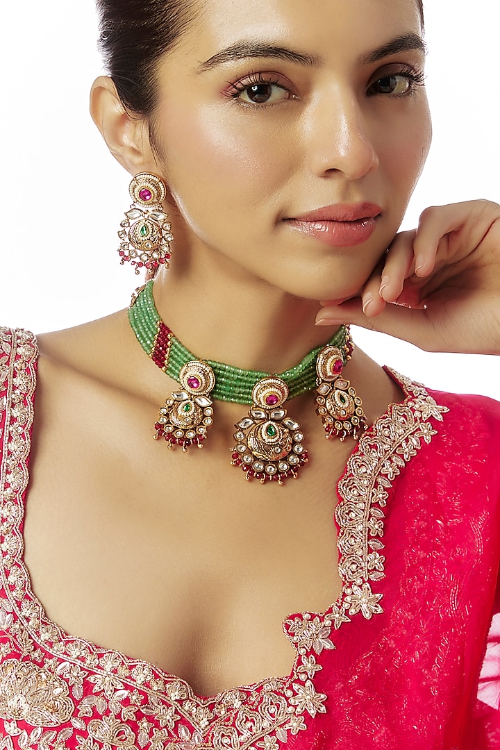 Gold Finish Kundan Polki & Multi-Colored Stone Temple Choker Necklace Set by VASTRAA Jewellery