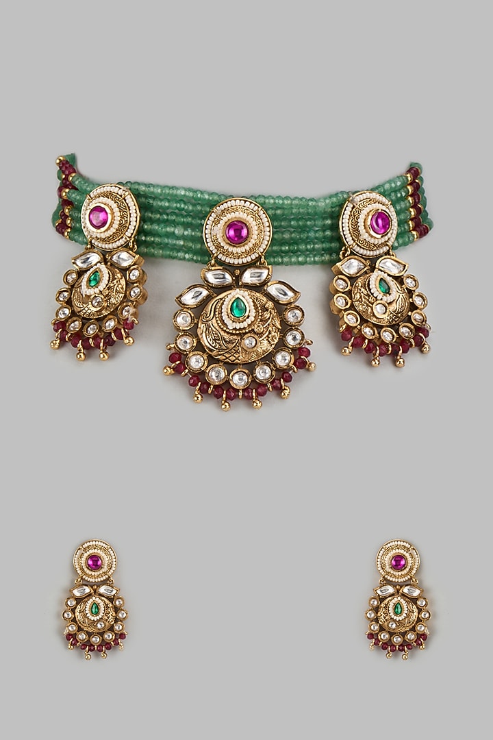 Gold Finish Kundan Polki & Multi-Colored Stone Temple Choker Necklace Set by VASTRAA Jewellery at Pernia's Pop Up Shop