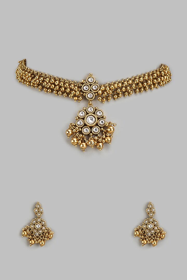 Gold Finish Kundan Polki Temple Choker Necklace Set by VASTRAA Jewellery at Pernia's Pop Up Shop