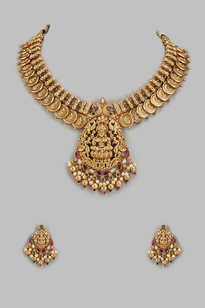 Gold Finish Temple Necklace Set by VASTRAA Jewellery at Pernia's Pop Up Shop