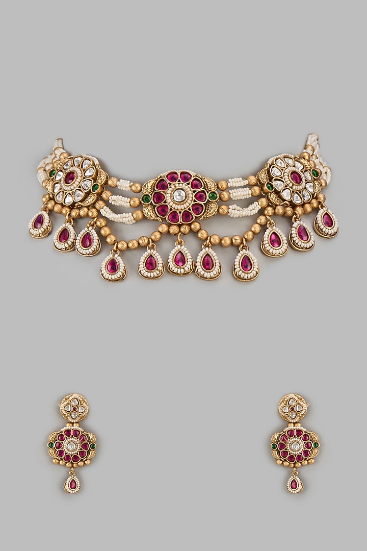 Gold Finish Kundan Polki & Red Stone Temple Choker Necklace Set by VASTRAA Jewellery at Pernia's Pop Up Shop