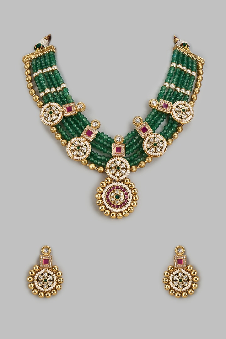 Gold Finish Kundan Polki & Green Stone Temple Long Necklace Set by VASTRAA Jewellery at Pernia's Pop Up Shop