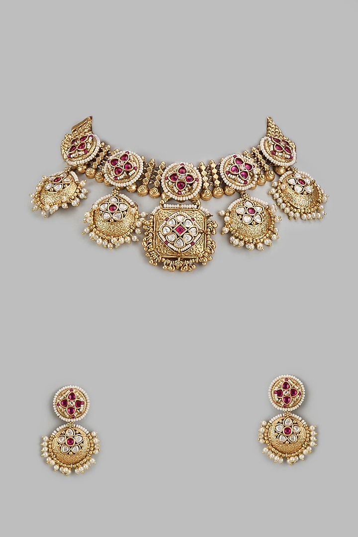 Gold Finish Kundan Polki & Red Stone Temple Choker Necklace Set by VASTRAA Jewellery at Pernia's Pop Up Shop