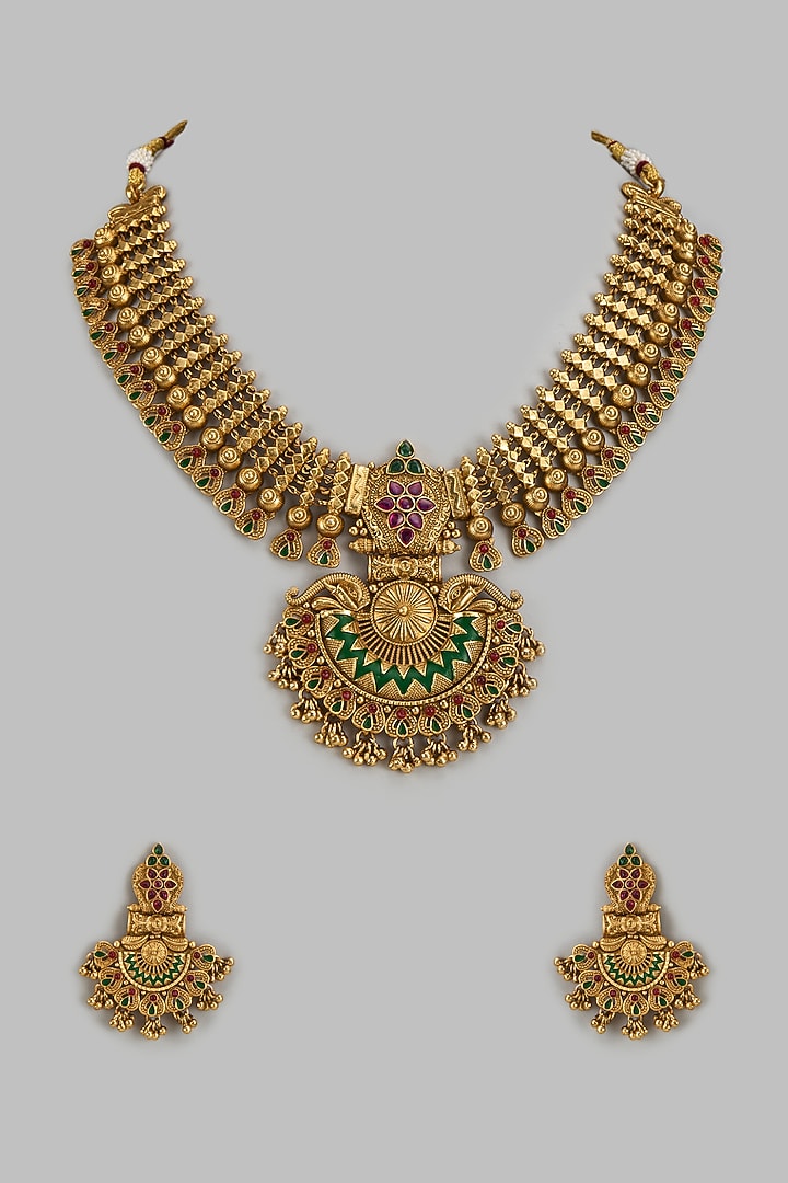 Gold Finish Kundan Polki & Green Stone Temple Long Necklace Set by VASTRAA Jewellery at Pernia's Pop Up Shop