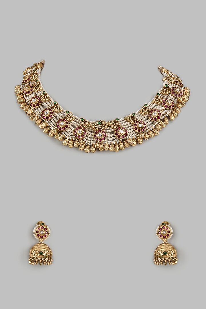 Gold Finish Kundan Polki & Red Stone Temple Necklace Set by VASTRAA Jewellery at Pernia's Pop Up Shop