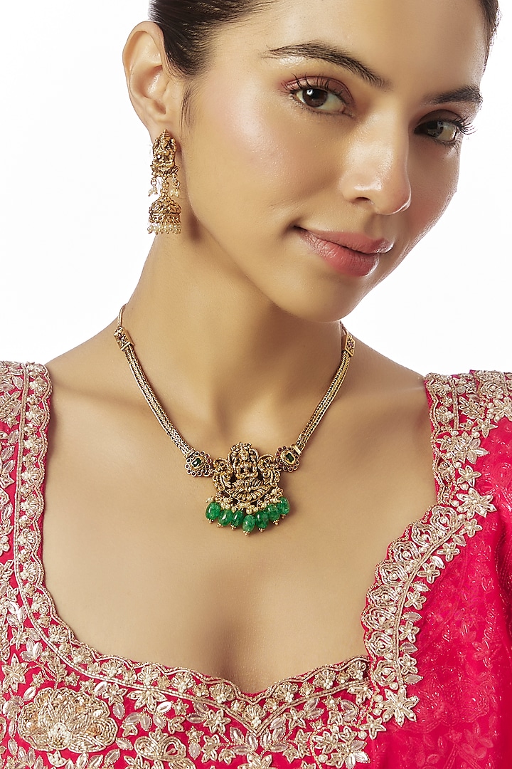 Gold Finish Kundan Polki & Green Stone Temple Long Necklace Set by VASTRAA Jewellery