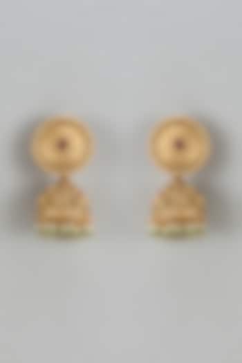 Gold Finish Kundan Polki & Red Stone Temple Jhumka Earrings by VASTRAA Jewellery at Pernia's Pop Up Shop