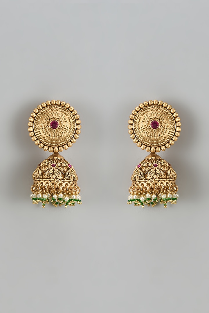 Gold Finish Kundan Polki & Red Stone Temple Jhumka Earrings by VASTRAA Jewellery at Pernia's Pop Up Shop