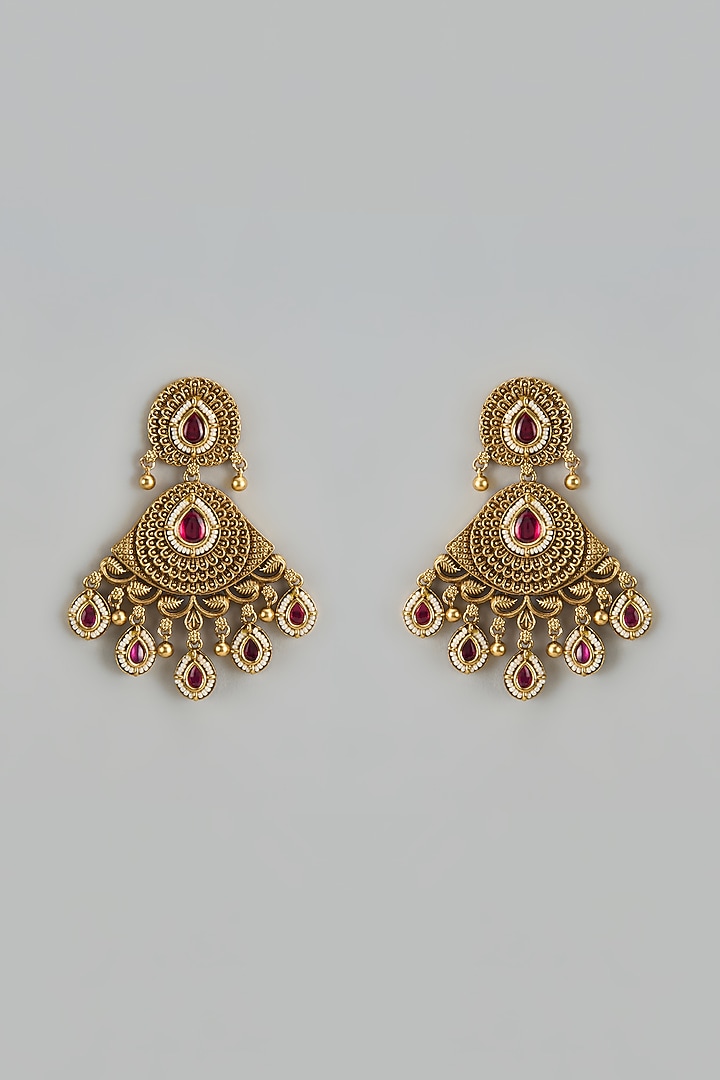 Gold Finish Kundan Polki & Red Stone Temple Dangler Earrings by VASTRAA Jewellery at Pernia's Pop Up Shop