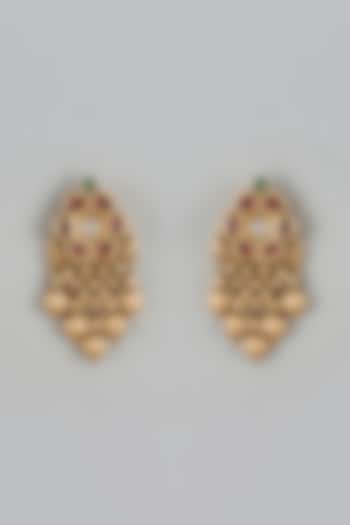 Gold Finish Kundan Polki & Red Stone Temple Dangler Earrings by VASTRAA Jewellery at Pernia's Pop Up Shop