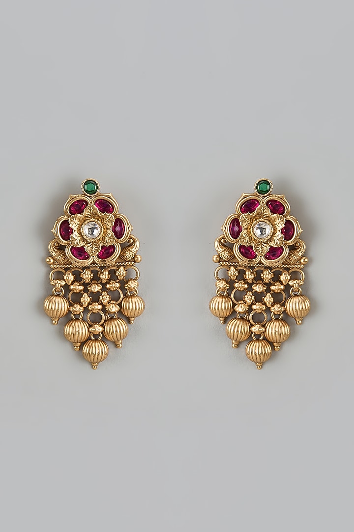 Gold Finish Kundan Polki & Red Stone Temple Dangler Earrings by VASTRAA Jewellery at Pernia's Pop Up Shop