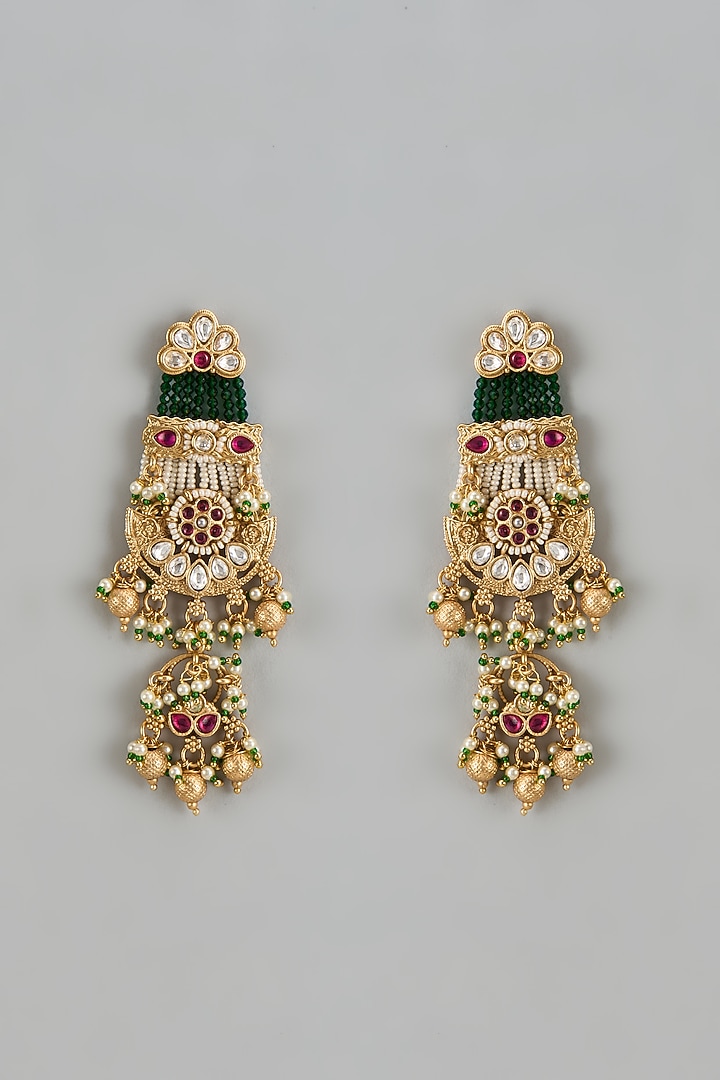 Gold Finish Kundan Polki & Multi-Colored Stone Temple Dangler Earrings by VASTRAA Jewellery at Pernia's Pop Up Shop