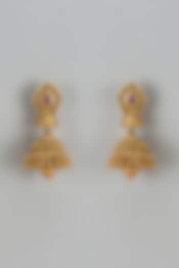 Gold Finish Kundan Polki & Red Stone Temple Jhumka Earrings by VASTRAA Jewellery at Pernia's Pop Up Shop