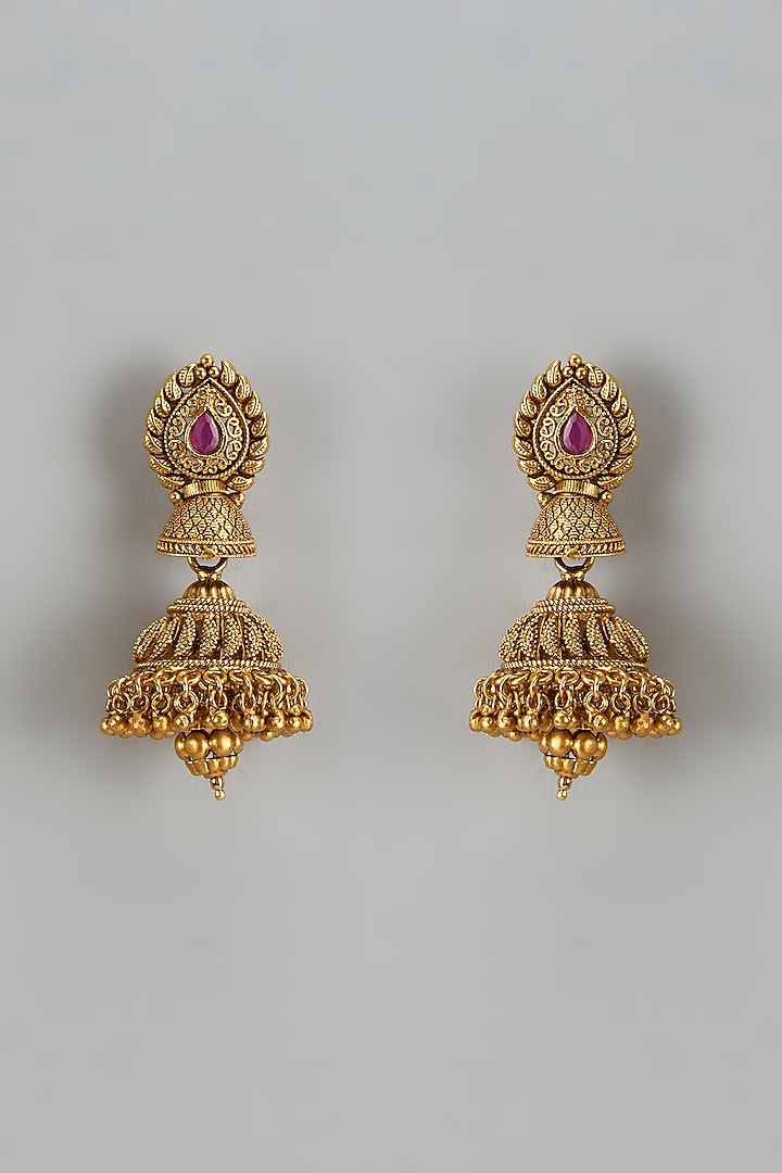 Gold Finish Kundan Polki & Red Stone Temple Jhumka Earrings by VASTRAA Jewellery at Pernia's Pop Up Shop