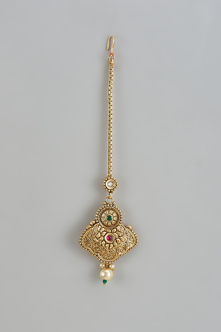 Gold Finish Kundan Polki & Multi-Colored Stone Temple Maangtikka by VASTRAA Jewellery at Pernia's Pop Up Shop