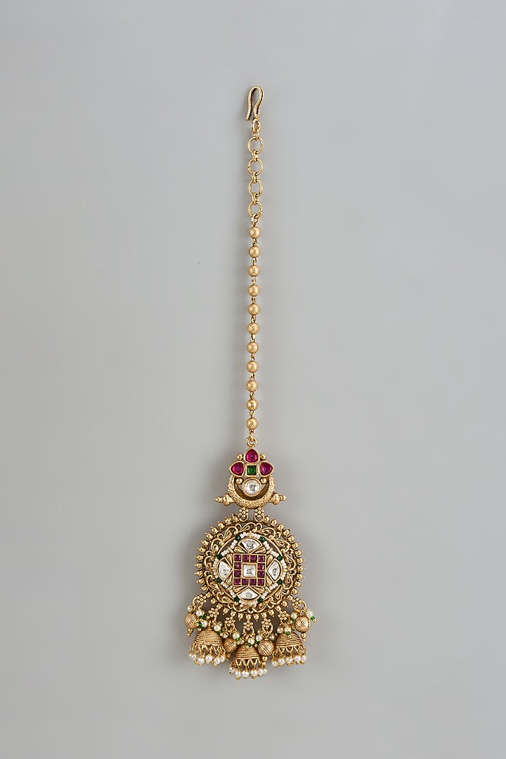 Gold Finish Kundan Polki & Red Stone Temple Maangtikka by VASTRAA Jewellery at Pernia's Pop Up Shop
