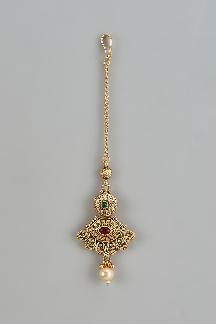 Gold Finish Kundan Polki & Red Stone Temple Maangtikka by VASTRAA Jewellery at Pernia's Pop Up Shop