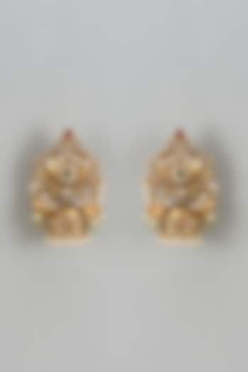 Gold Finish Kundan Polki & Pearl Temple Jhumka Earrings by VASTRAA Jewellery at Pernia's Pop Up Shop
