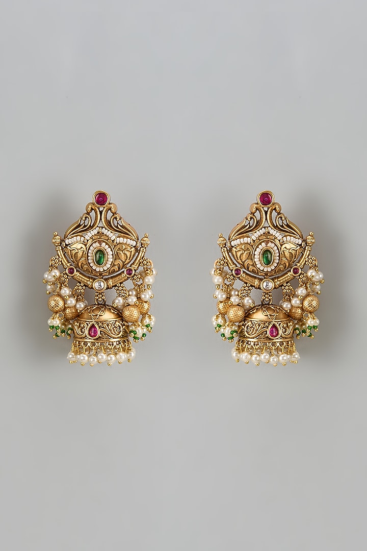 Gold Finish Kundan Polki & Pearl Temple Jhumka Earrings by VASTRAA Jewellery at Pernia's Pop Up Shop