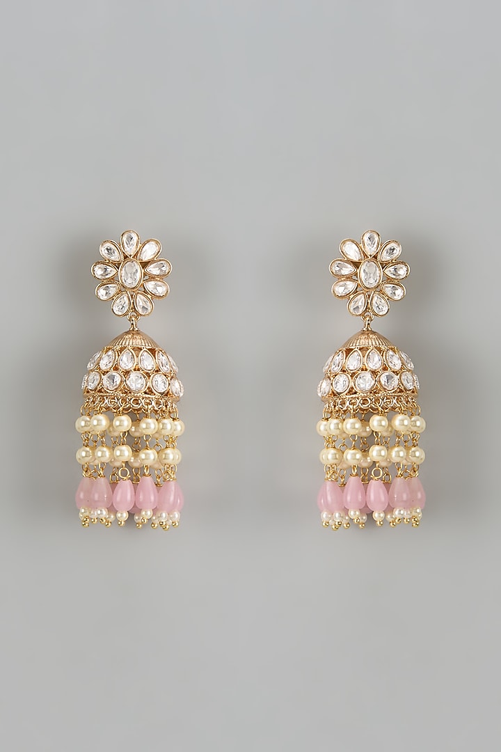 Gold Finish Kundan Polki & Pink Stone Temple Jhumka Earrings by VASTRAA Jewellery at Pernia's Pop Up Shop
