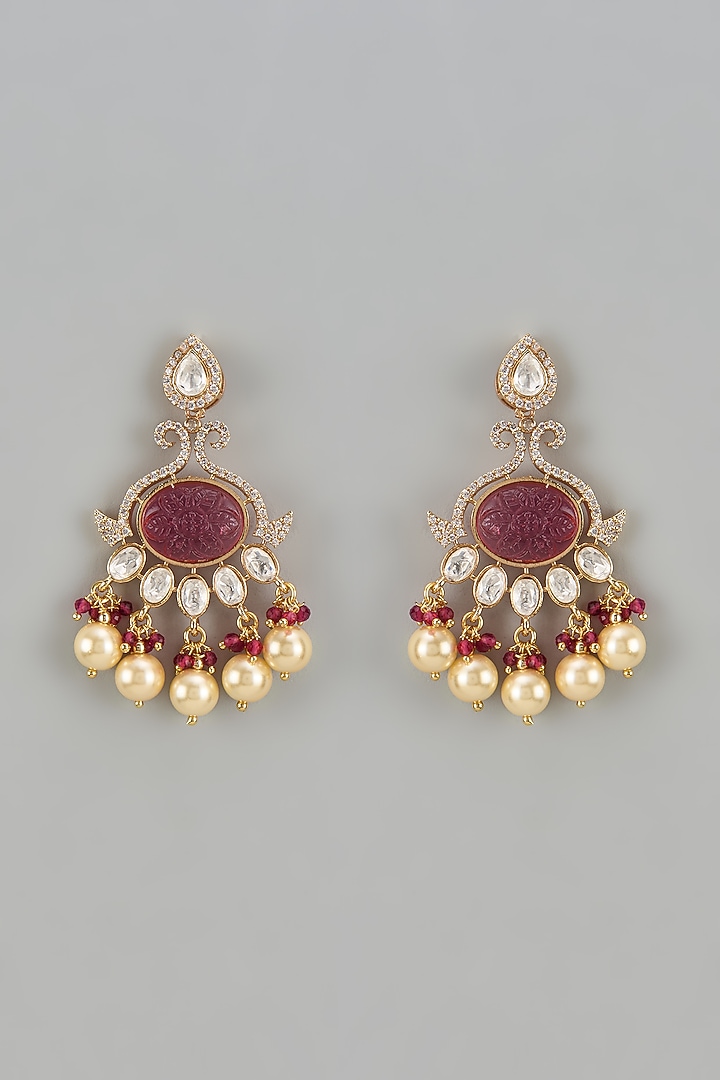 Gold Finish Kundan Polki & Red Stone Temple Dangler Earrings by VASTRAA Jewellery at Pernia's Pop Up Shop
