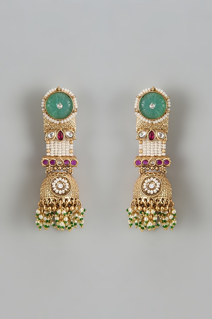 Gold Finish Kundan Polki & Green Stone Temple Jhumka Earrings by VASTRAA Jewellery at Pernia's Pop Up Shop