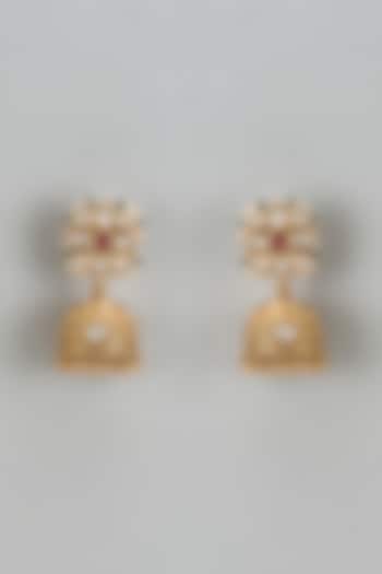 Gold Finish Kundan Polki & Red Stone Temple Jhumka Earrings by VASTRAA Jewellery at Pernia's Pop Up Shop