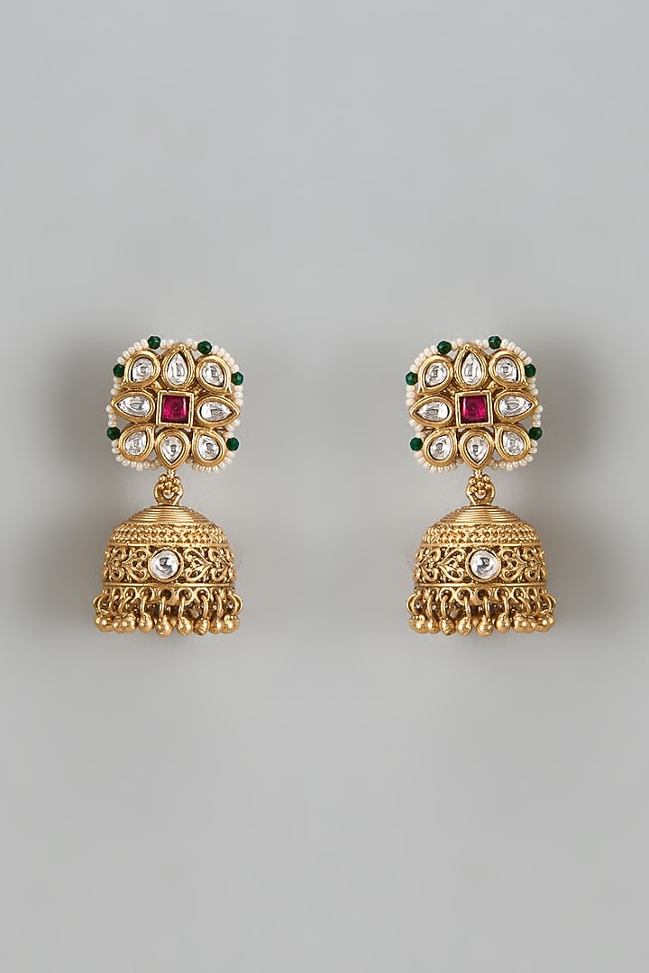 Gold Finish Kundan Polki & Red Stone Temple Jhumka Earrings by VASTRAA Jewellery at Pernia's Pop Up Shop