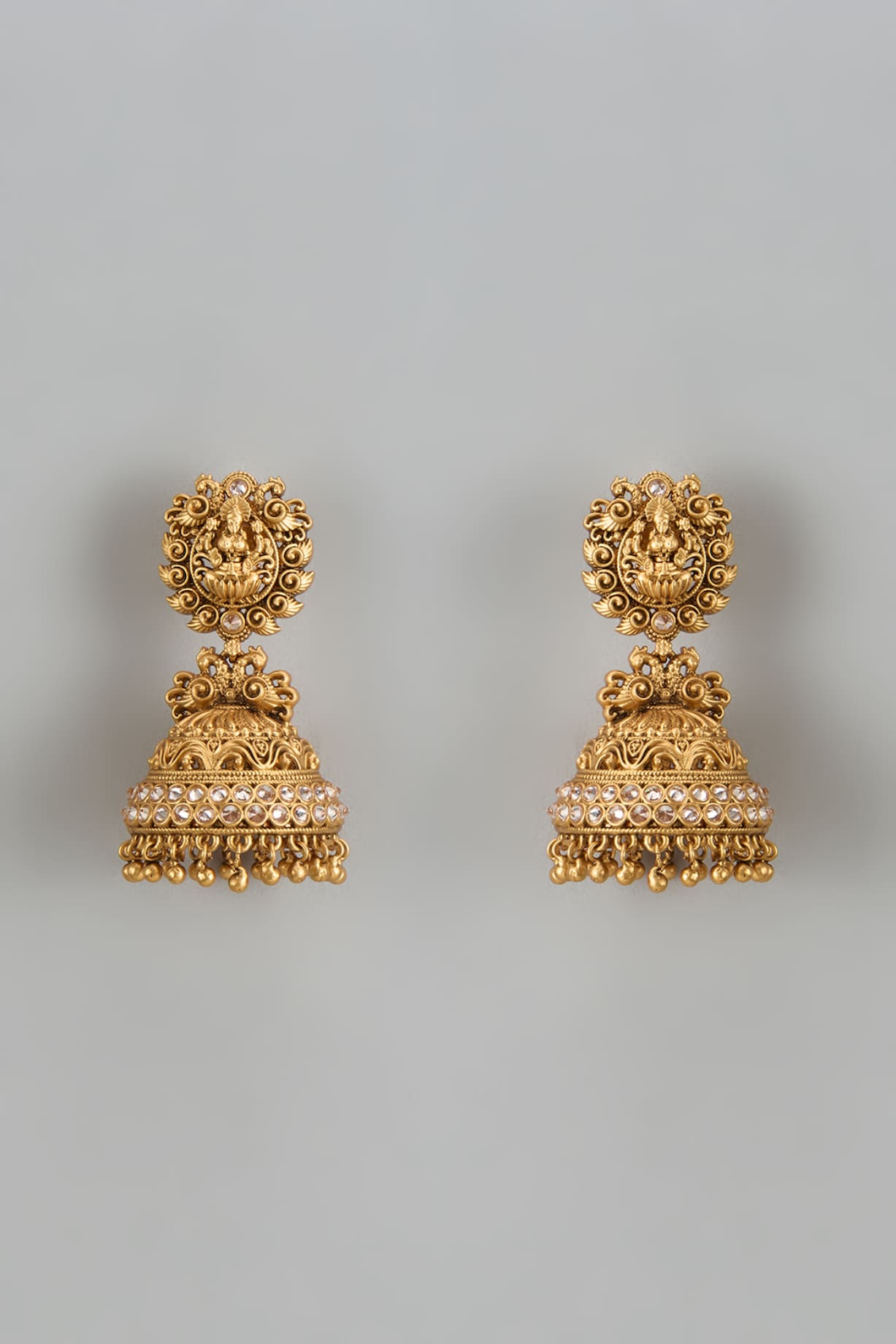Gold Finish Temple Jhumka Earrings by VASTRAA Jewellery at