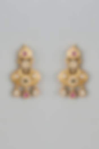 Gold Finish Kundan Polki & Multi-Colored Stone Temple Dangler Earrings by VASTRAA Jewellery at Pernia's Pop Up Shop