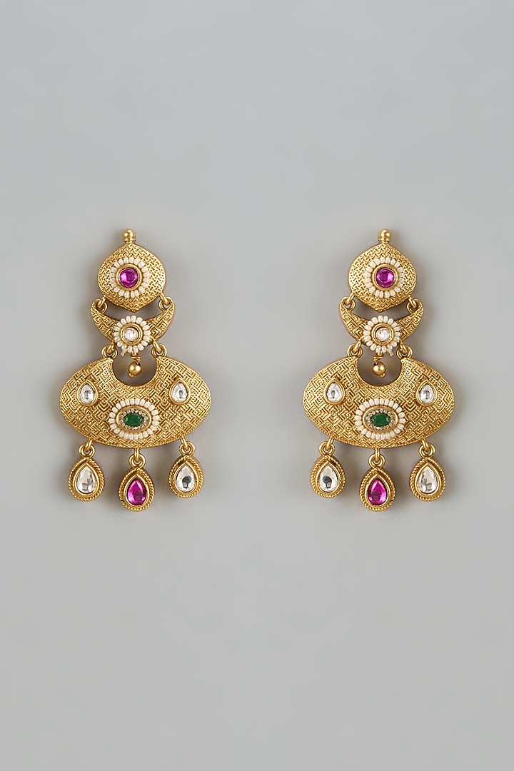 Gold Finish Kundan Polki & Multi-Colored Stone Temple Dangler Earrings by VASTRAA Jewellery at Pernia's Pop Up Shop