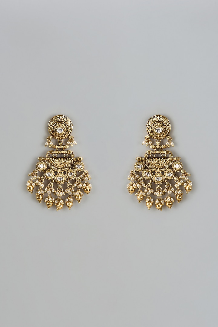 Gold Finish Kundan Polki & Red Stone Temple Dangler Earrings by VASTRAA Jewellery at Pernia's Pop Up Shop