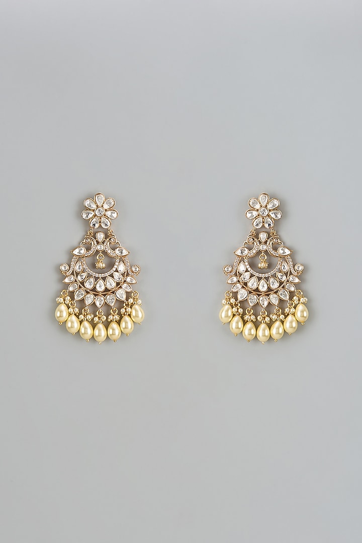 Gold Finish Kundan Polki & Pearl Temple Chandbaali Earrings by VASTRAA Jewellery at Pernia's Pop Up Shop