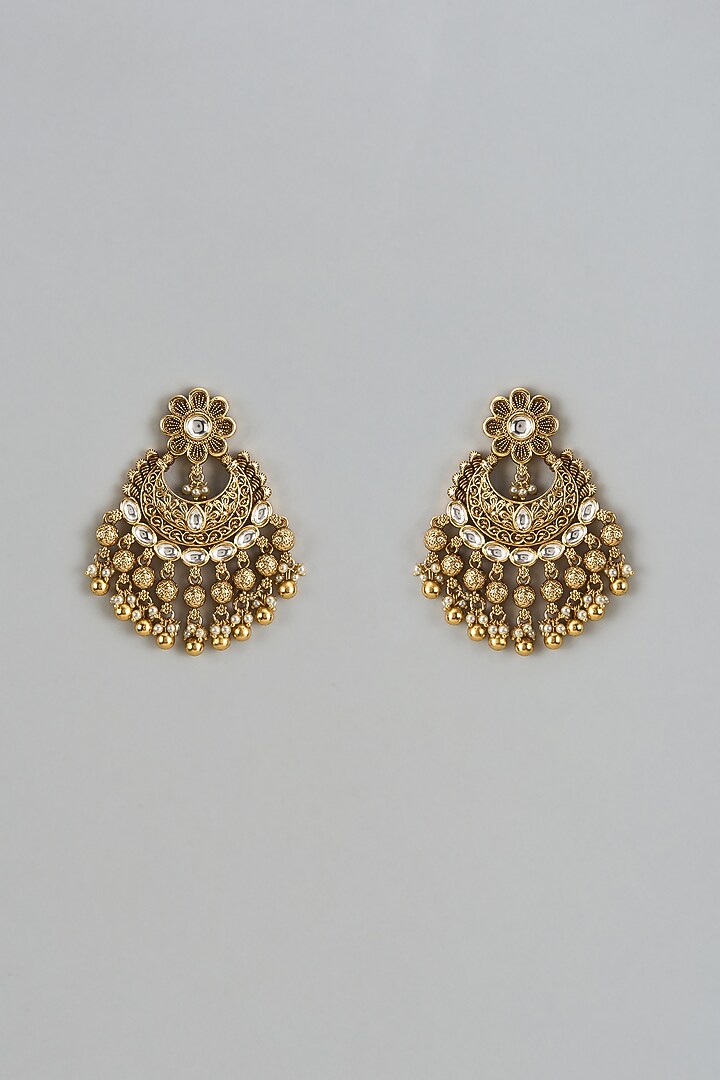 Gold Finish Kundan Polki & Red Stone Temple Jhumka Earrings by VASTRAA Jewellery at Pernia's Pop Up Shop