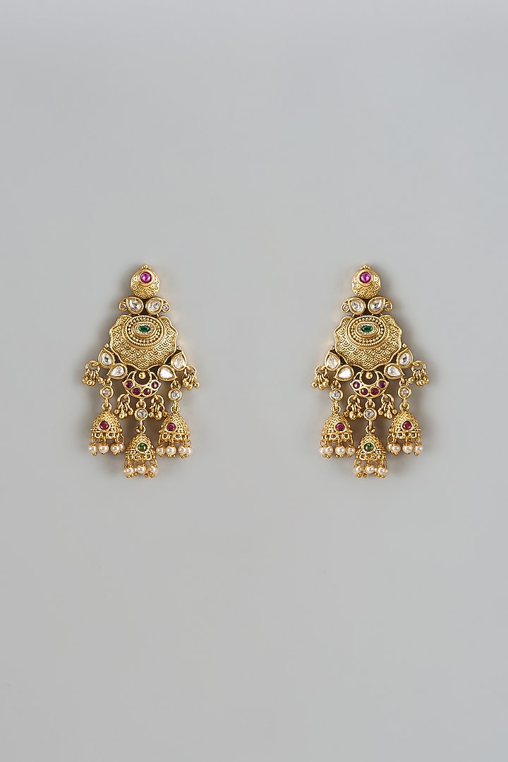  Gold Finish Kundan Polki & Multi-Colored Stone Temple Jhumka  Earrings by VASTRAA Jewellery at Pernia's Pop Up Shop