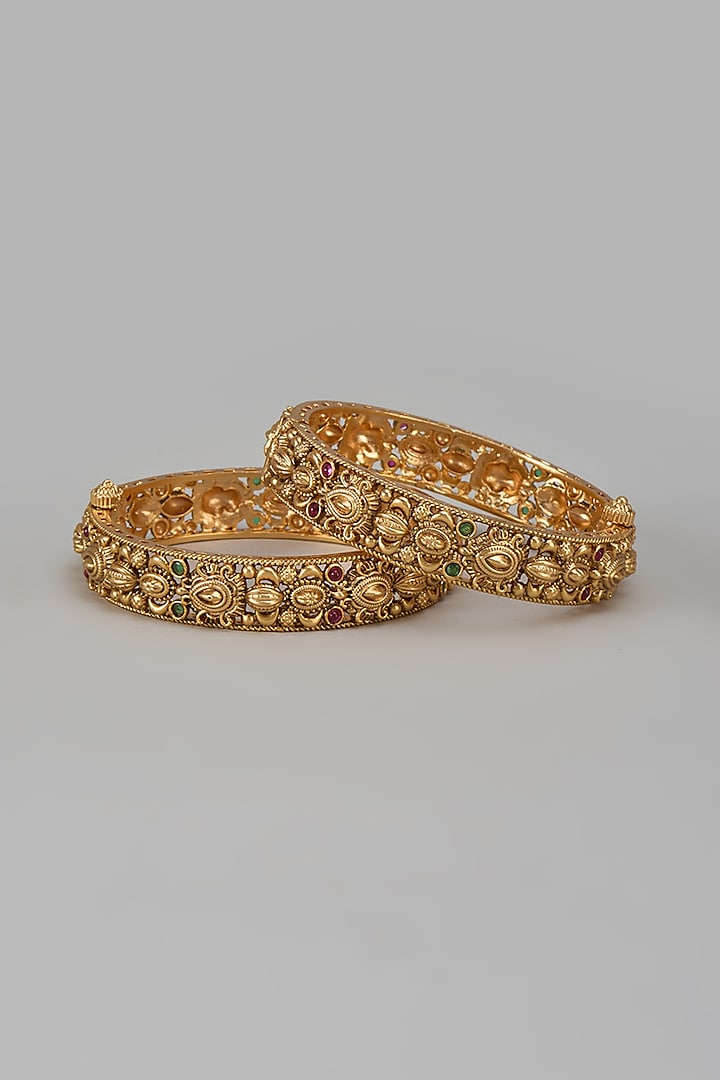 Gold Finish Emerald Stone Temple Bangles (Set of 2) by VASTRAA Jewellery