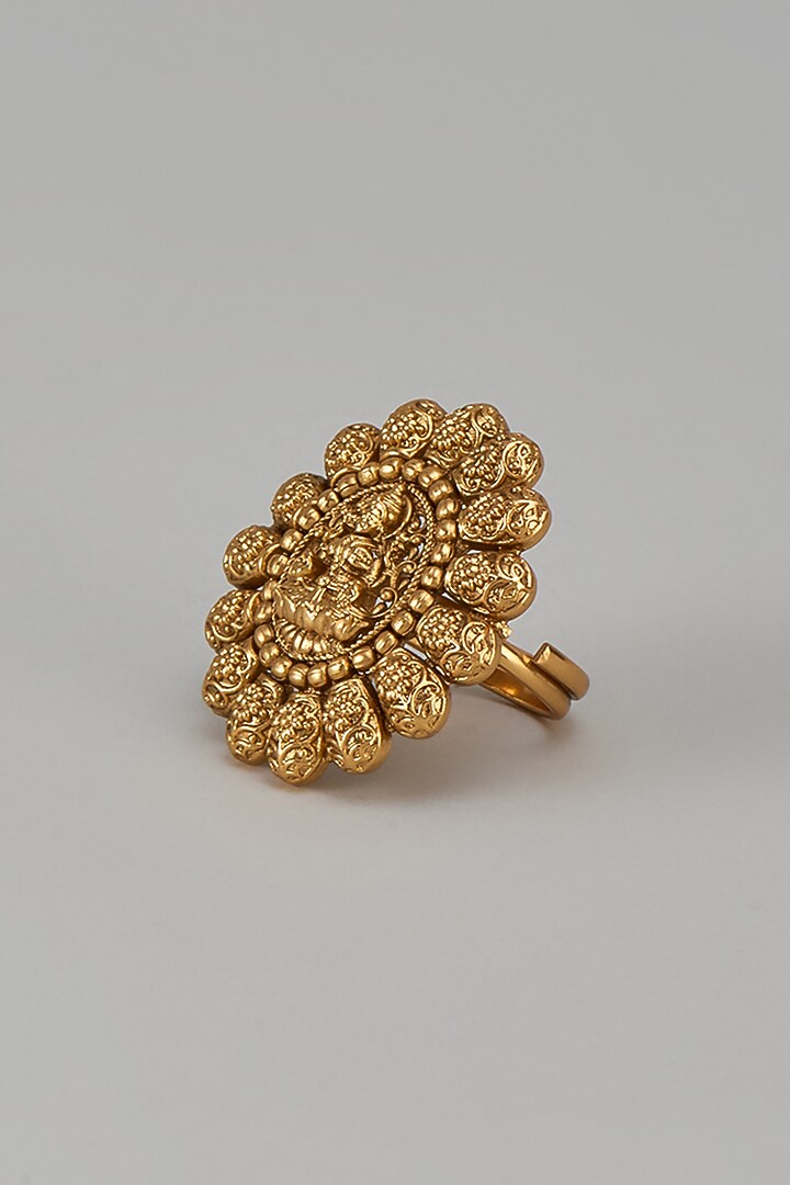Gold Finish Kundan Polki & Navratna Temple Ring by VASTRAA Jewellery at Pernia's Pop Up Shop