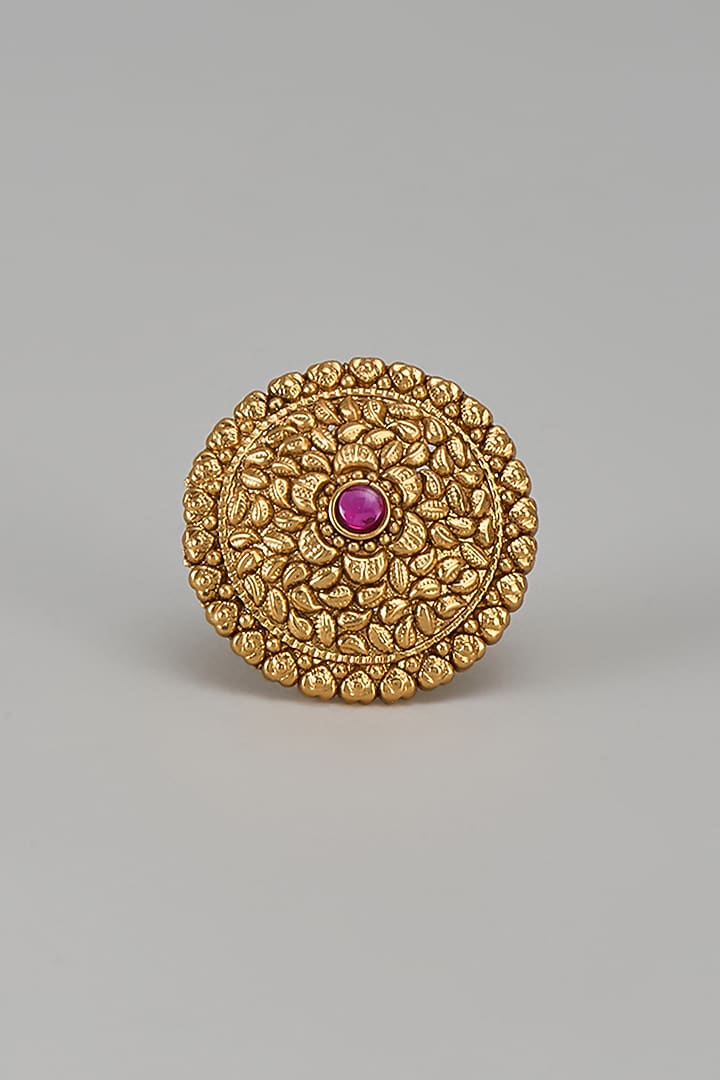 Gold Finish Kundan Polki & Red Stone Temple Ring by VASTRAA Jewellery at Pernia's Pop Up Shop
