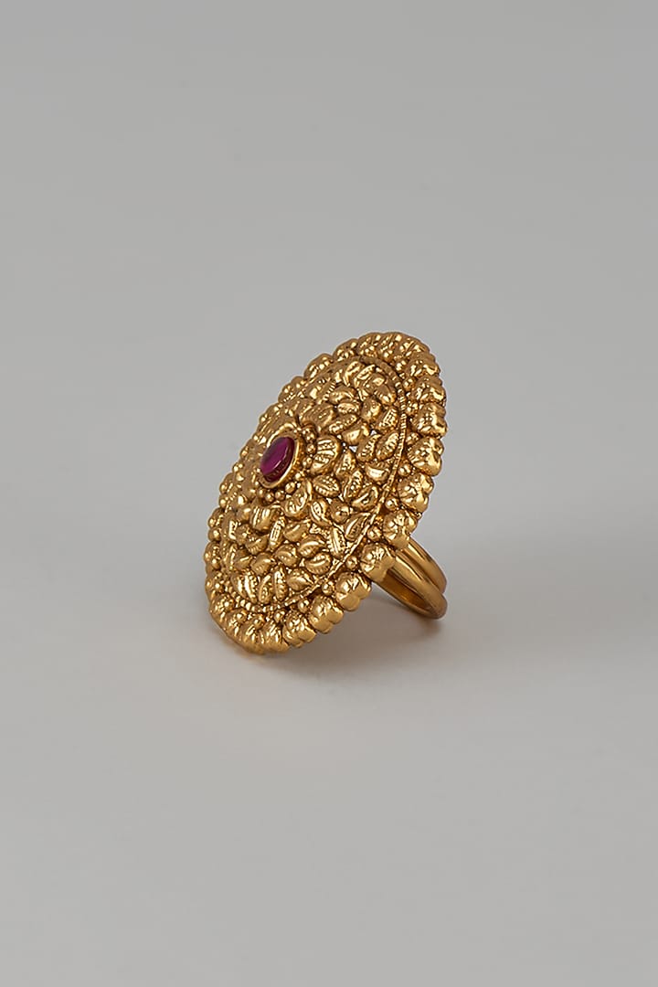 Gold Finish Kundan Polki & Red Stone Temple Ring by VASTRAA Jewellery at Pernia's Pop Up Shop