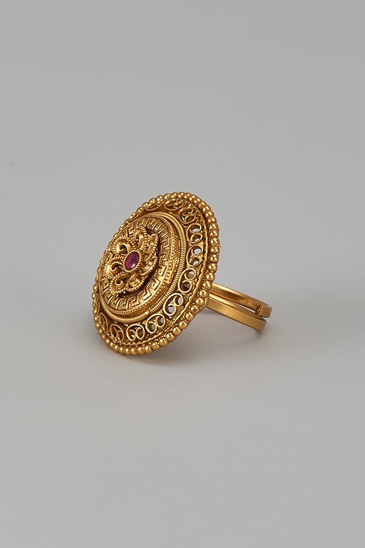 Gold Finish Kundan Polki & Red Stone Temple Ring by VASTRAA Jewellery at Pernia's Pop Up Shop