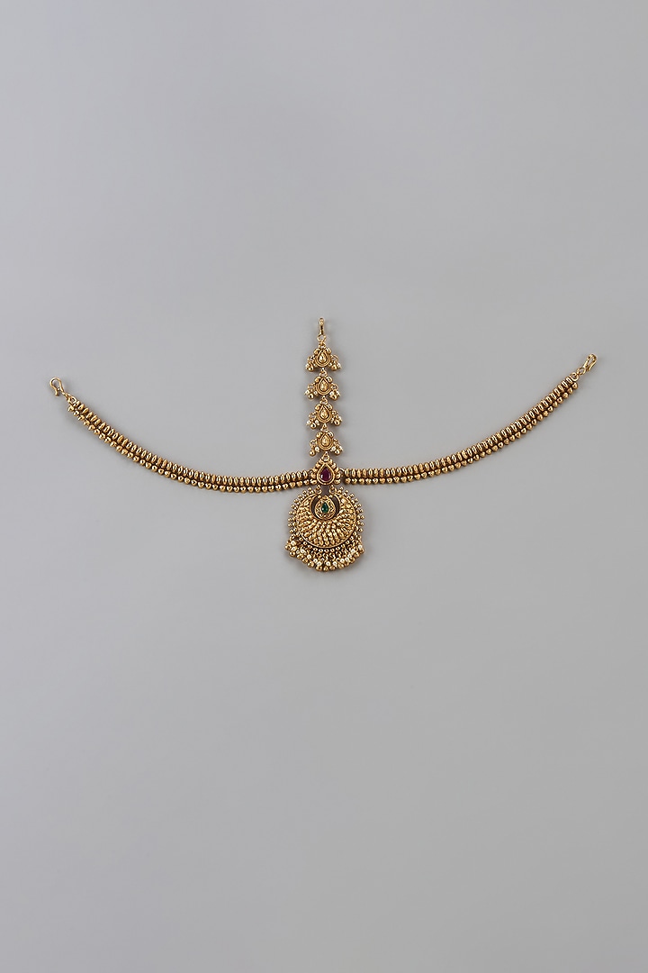 Gold Finish Ruby Synthetic Stone Temple Mathapatti by VASTRAA Jewellery at Pernia's Pop Up Shop