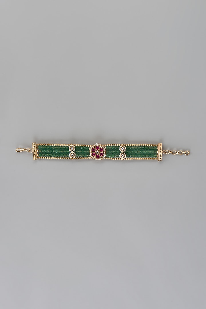 Gold Finish Kundan Polki & Multi-Colored Stone Temple Bracelet by VASTRAA Jewellery at Pernia's Pop Up Shop