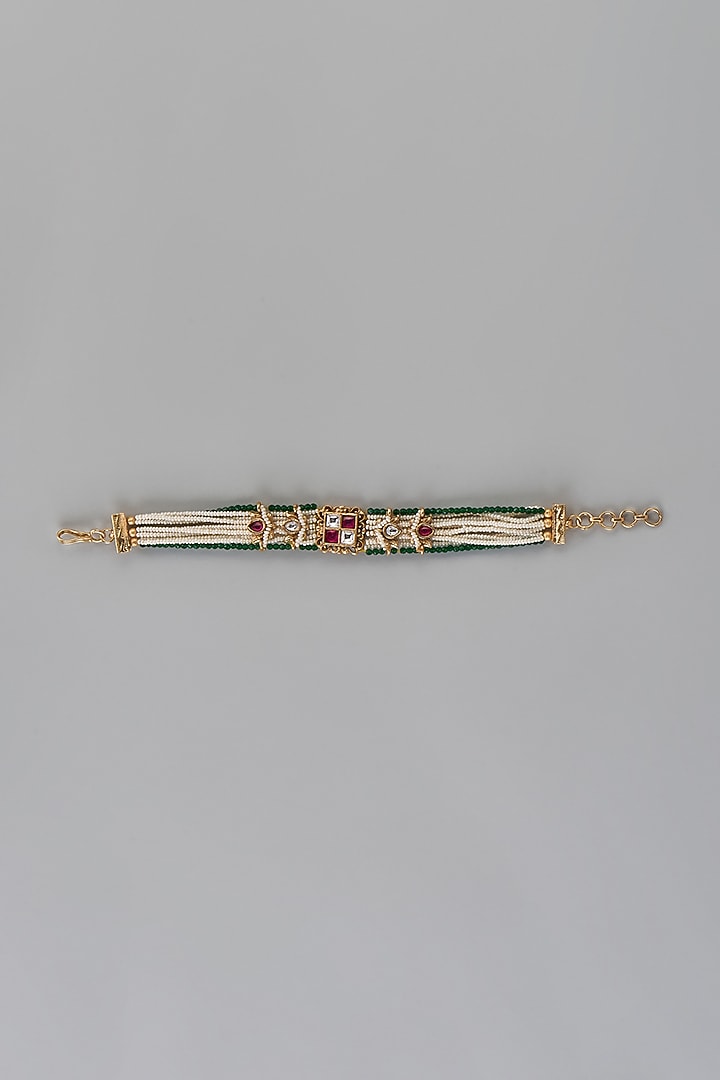 Gold Finish Kundan Polki & Multi-Colored Stone Temple Bracelet by VASTRAA Jewellery at Pernia's Pop Up Shop