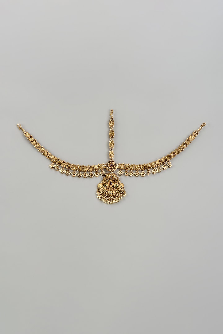 Gold Finish Pearl Temple Mathapatti by VASTRAA Jewellery